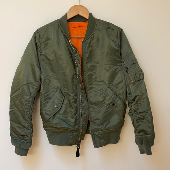 Alpha Industries MA-1 Slim Fit Flight Jacket Sage Green Reversible to Orange - Picture 3 of 11